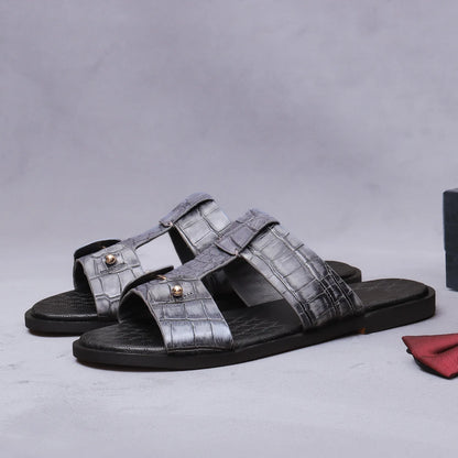 Men's Croc-Embossed Leather Slide Sandals | H-Strap Summer Slides – Footmaxldn