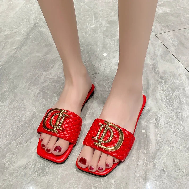 Women Slippers Party Sexy Elegant Slippers Women Luxury Decor Weave Designer Flat Sandals Fashion Open-toe Vacation Slides Women - footmaxldn
