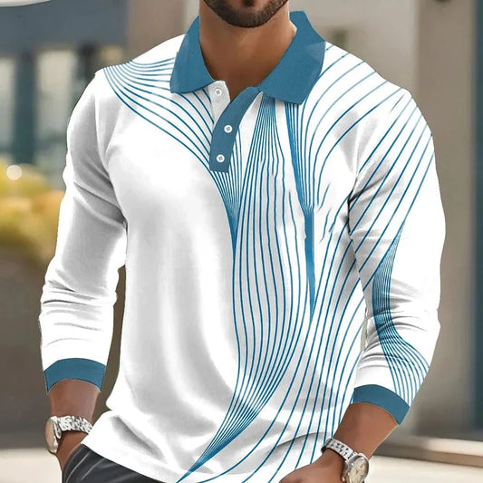 Footmax Men's Striped Print Golf Shirt - Long Sleeve Polo Business Casual 3D Autumn Winter - footmaxldn