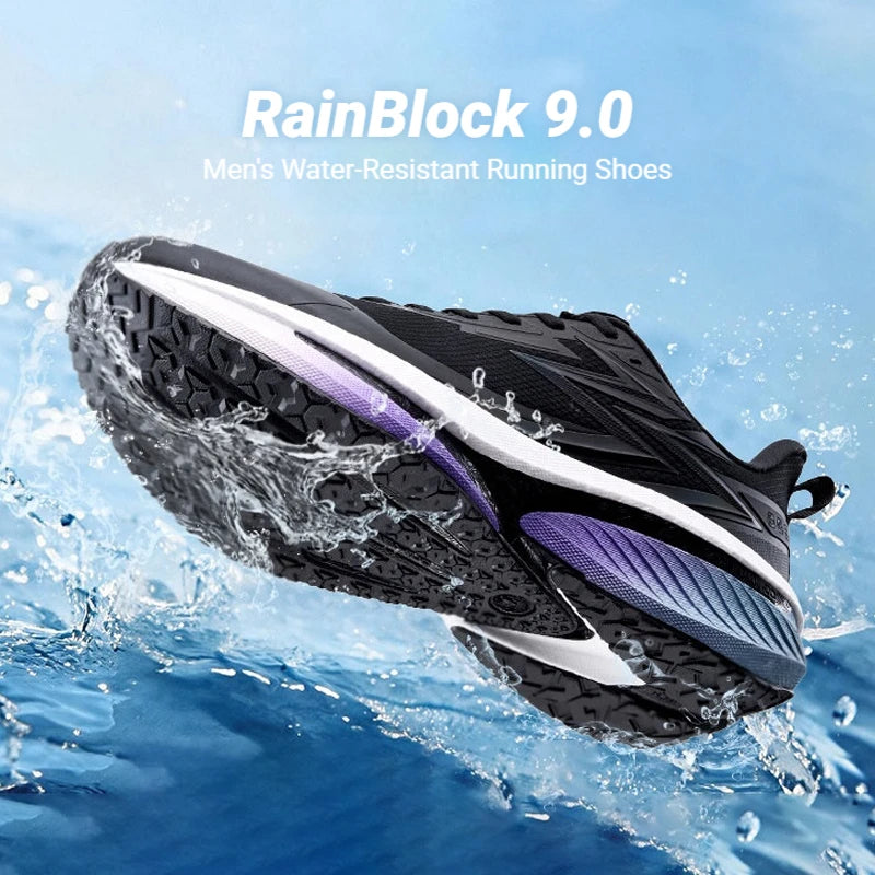 A black and purple running shoe with a white midsole, shown mid-air above splashing water. The text 'RainBlock 9.
