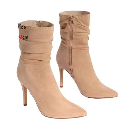 Footmaxldn Pleated Faux Suede Ankle Boots – Pointed Toe Stiletto Heel with Side Zip