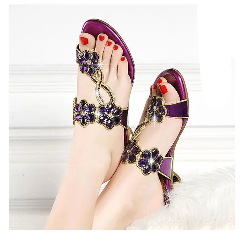 Bohemian Rhinestone Sandals for Women Summer High Heels Gladiator Sandals Woman Slip On Beach Slippers Flip Flops - footmaxldn