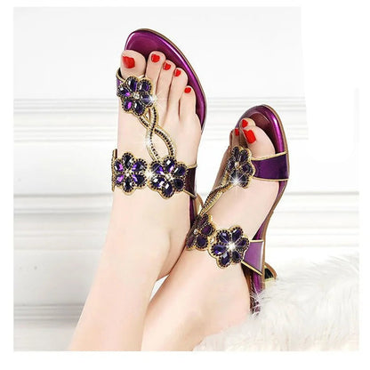 Bohemian Rhinestone Sandals for Women Summer High Heels Gladiator Sandals Woman Slip On Beach Slippers Flip Flops - footmaxldn