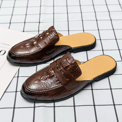 New Men Half Slippers Penny Loafers Male Casual Alligator Pattern Black Brown Mules Moccasins Breathable Driving Shoes - footmaxldn