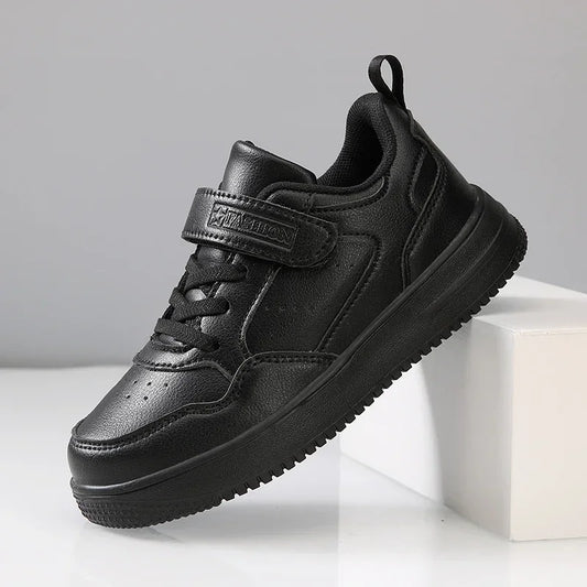 New Casual Leather Sneakers for Children Solid Color Fashion Skateboarding Shoes for Kids Comfortable Low Top Trainers for Boys - footmaxldn
