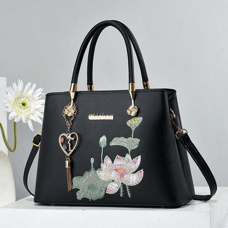 Footmax Embroidered Leather Handbag - Women's Business Shoulder Bag Black