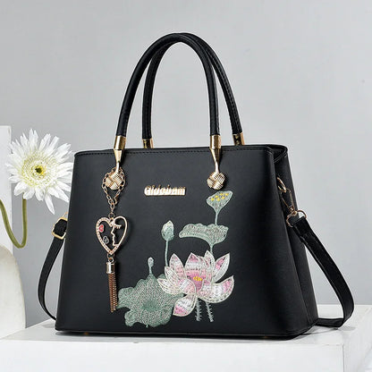 Footmax Embroidered Leather Handbag - Women's Business Shoulder Bag Black