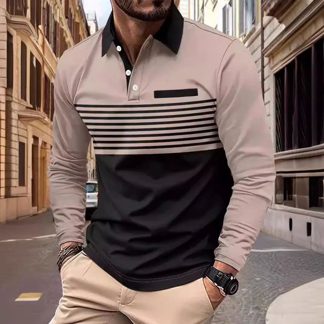 Footmax Men's Striped Collar Long Sleeve Polo Shirt - Casual Autumn 2025 - footmaxldn