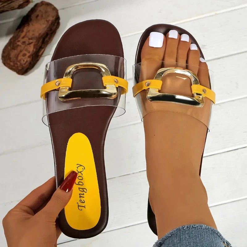 Summer 2025 New Women's Large Fashion Sandals and Slippers Summer New Flat Metal Strap Sandals - footmaxldn