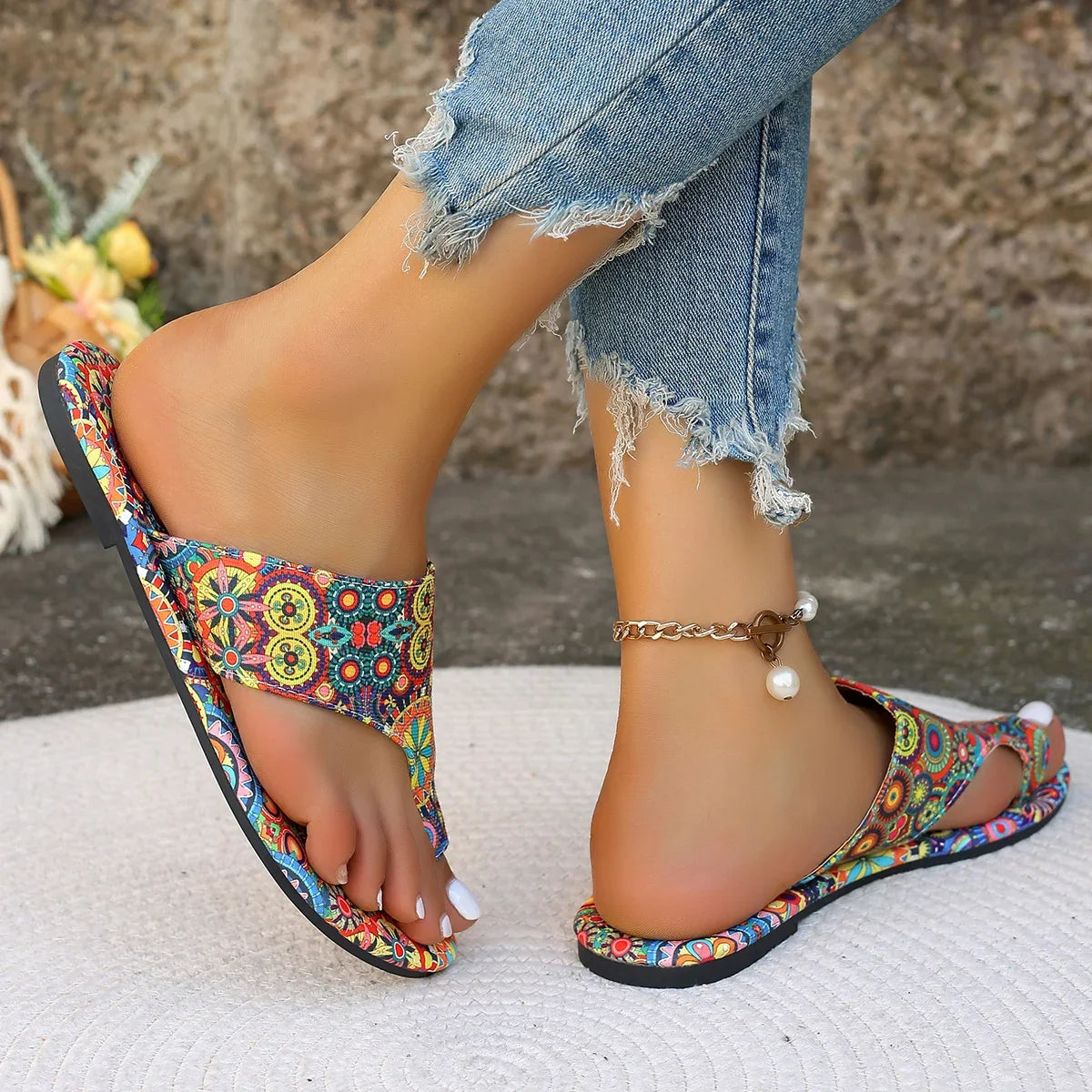 2025 Summer Women Slippers Bohemian Flower Pattern Sandals Casual Lightweight Shoes Flip Flops Slippers Home Slides Women - footmaxldn