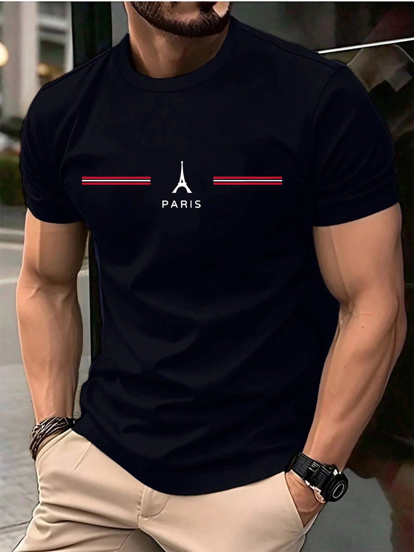 Men's 100% pure cotton summer loose oversized casual Paris letter printed sports round neck short sleeved T-shirt top - footmaxldn