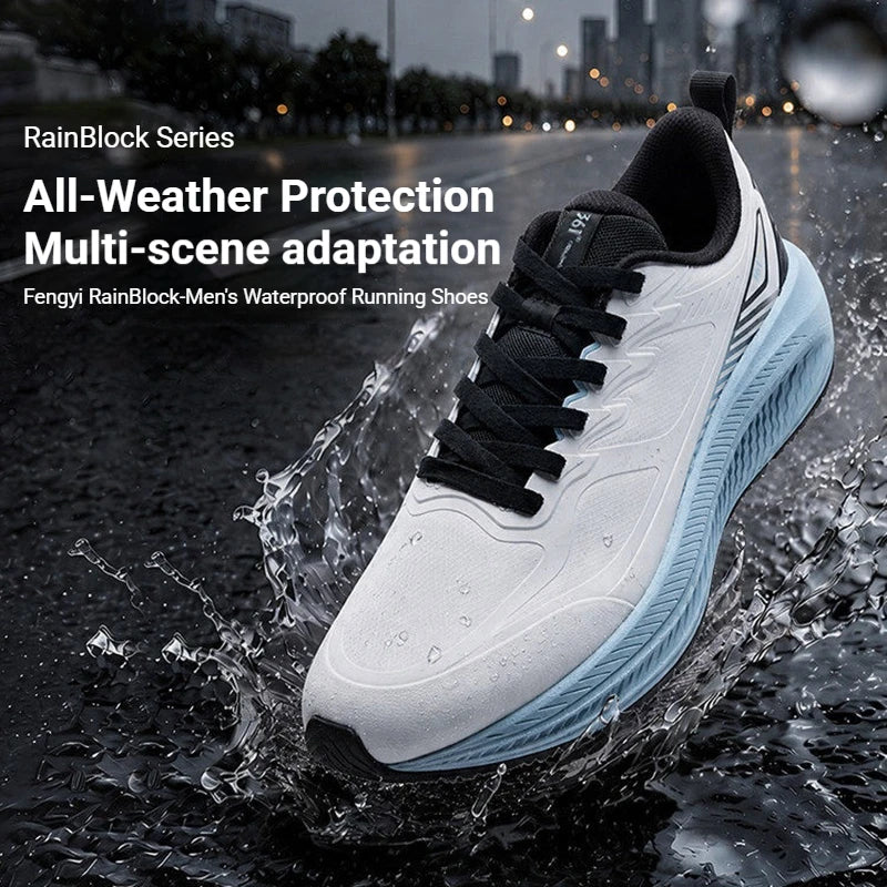 A white and black running shoe with a light blue sole is shown mid-splash in water on a wet city street at dusk. Text on the left reads 'RainBlock Series', 'All-Weather Protection', and 'Multi-scene adaptation', with smaller text identifying the shoe as Fengyi RainBlock-Men's Waterproof Running Shoes.