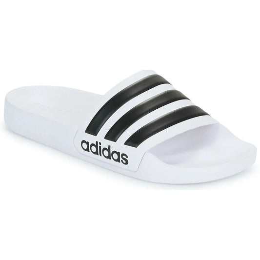 Adidas White Slides with Black Three - Stripes and Brand Name - Casual and Comfortable Footwear - footmaxldn