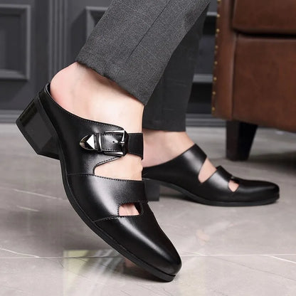 Men's Black Leather Block Heel Mule Slides | Footmaxldn
