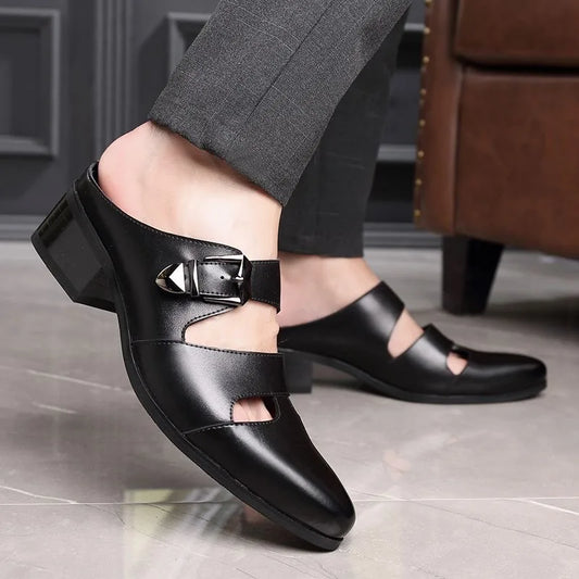 Men's Black Leather Block Heel Mule Slides | Footmaxldn