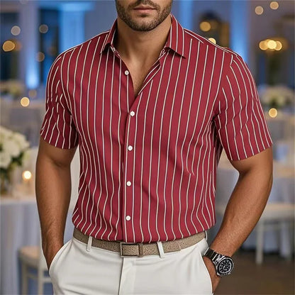Men's Striped Short Sleeve Shirt - Casual Breathable Button-Up by Footmax