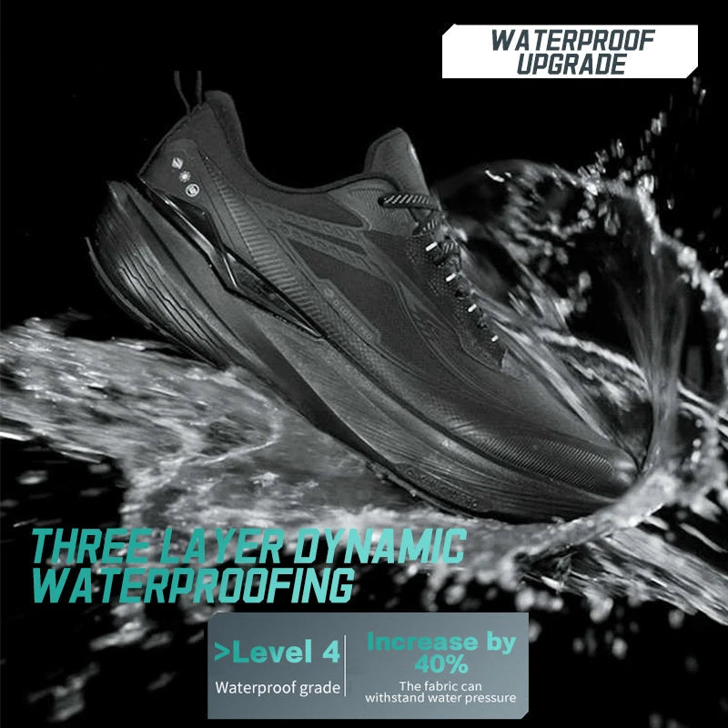 Black Qiaodan athletic shoe shown in a dynamic splash scene with water droplets, featuring promotional text including 'WATERPROOF UPGRADE' and 'THREE LAYER DYNAMIC WATERPROOFING'.