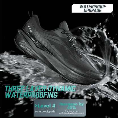 Black Qiaodan athletic shoe shown in a dynamic splash scene with water droplets, featuring promotional text including 'WATERPROOF UPGRADE' and 'THREE LAYER DYNAMIC WATERPROOFING'.