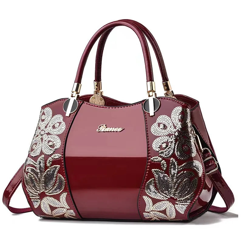 Footmax Flower Embroidered Boston Bag - Women's Patent Leather Crossbody Handbag