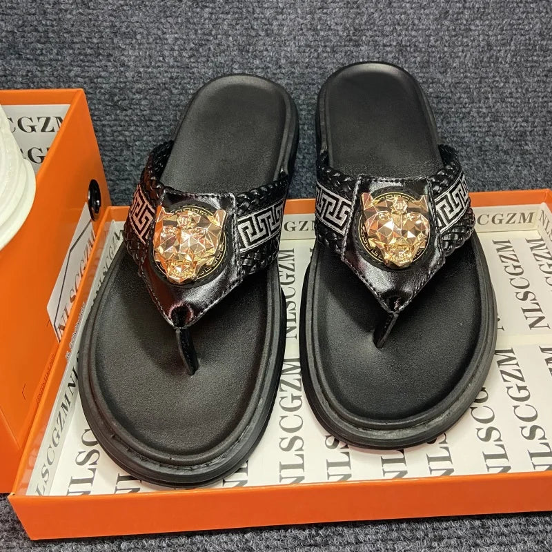 Footmaxldn Lion Head Flip Flops – Men's Luxury Leather Thong Sandals