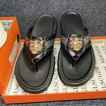 Footmaxldn Lion Head Flip Flops – Men's Luxury Leather Thong Sandals