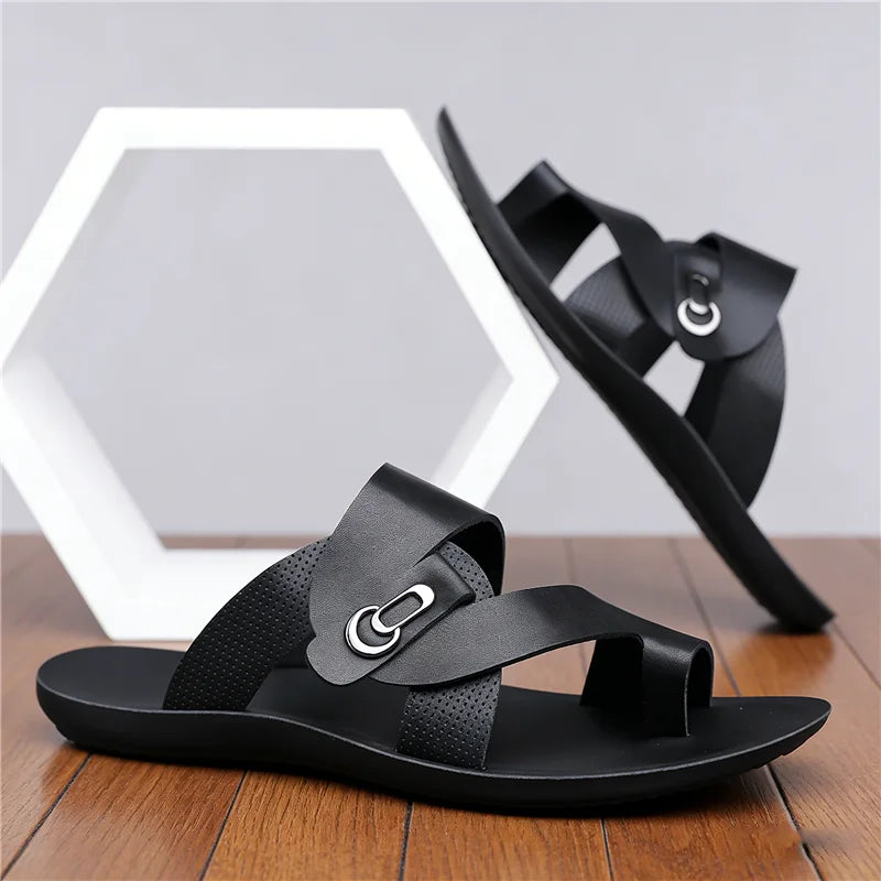 Footmaxldn Men's Leather Slide Sandals