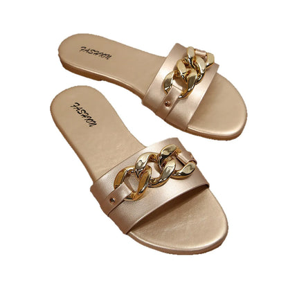 Women's Slippers with Chain Buckle, Flat-Soled Home Slippers, New Summer Style, Casual and Comfortable Women's Slippers, Round-Toe Slip-Ons, Holiday Style, Fashionable, Simple and Elegant Women's Sandals - footmaxldn