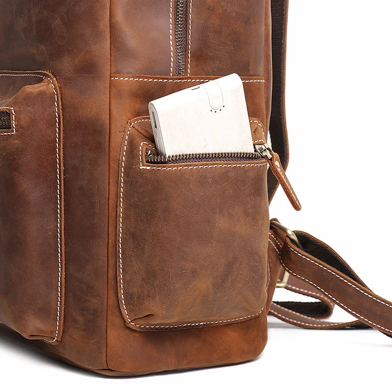 Vintage Men's Crazy Horse Leather Backpack Business Man High Quality Travel Backpack Real Leather Laptop Bag School satchel Bags - footmaxldn