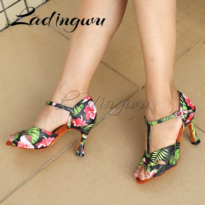 Footmax Women's Monstera Print Latin Dance Shoes - White Cuban Heel Ballroom - footmaxldn