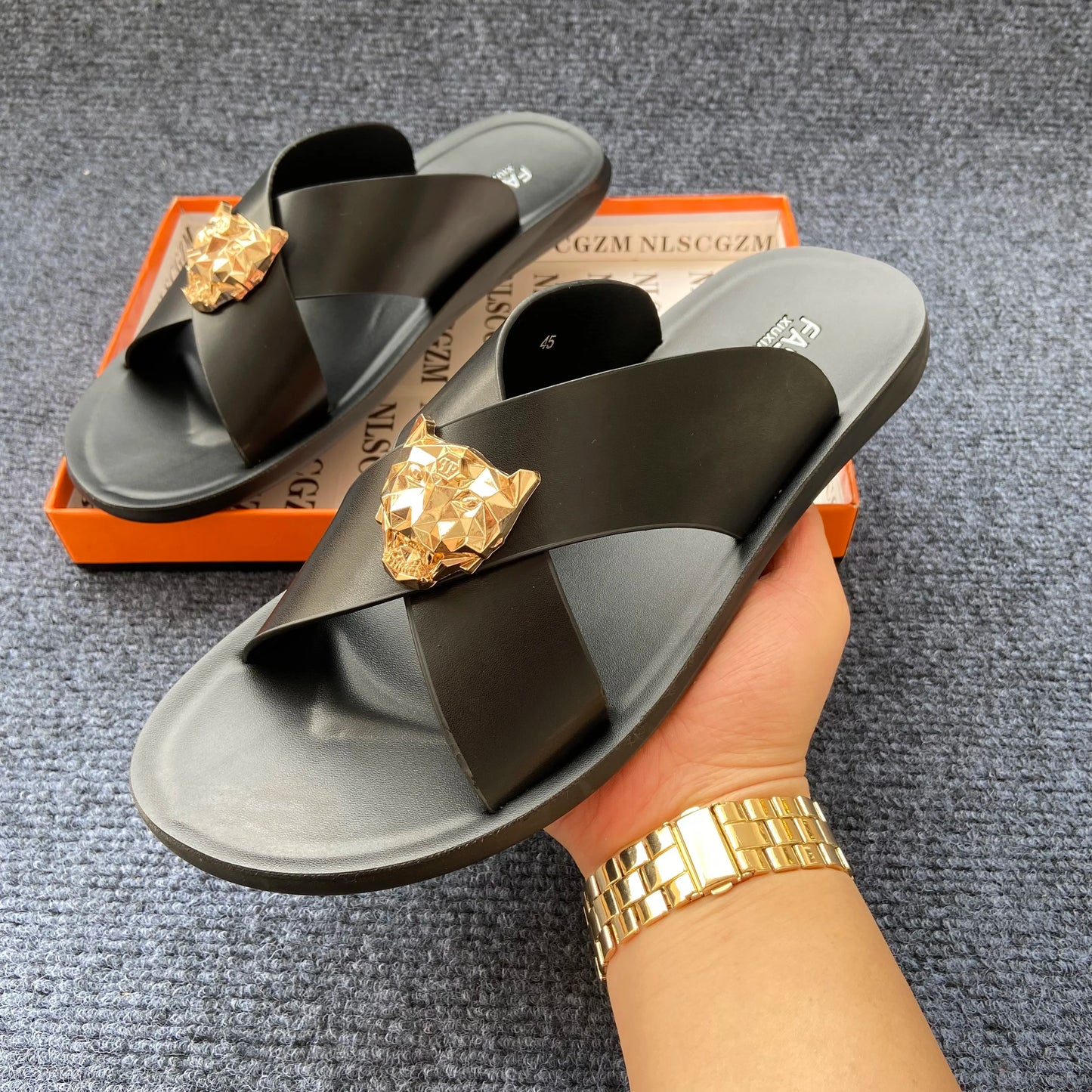 Men's Leather Cross-Strap Slides with Gold Lion Emblem – Footmaxldn