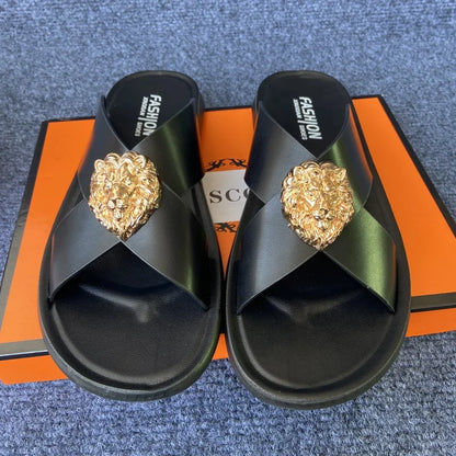 size38-48 original shoes brand summer leather slides for man black brown fashion shoes for mens slippers business beach slippers - footmaxldn