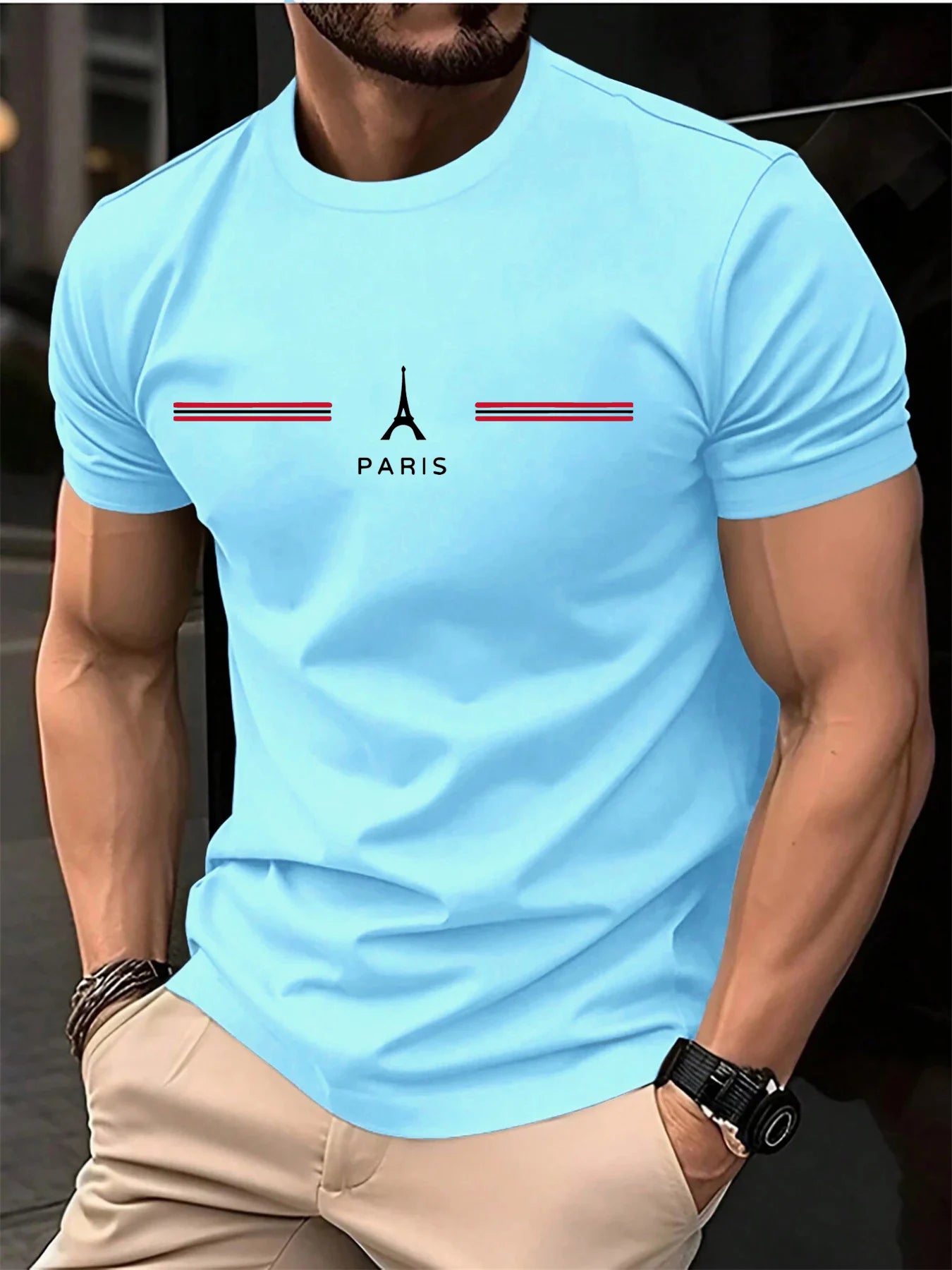 Men's 100% pure cotton summer loose oversized casual Paris letter printed sports round neck short sleeved T-shirt top - footmaxldn