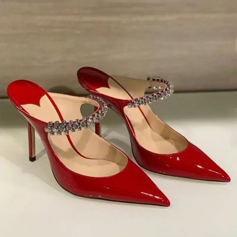 Footmaxldn Rhinestone Chain Stiletto Mules – Patent Leather High Heel Sandals for Women
