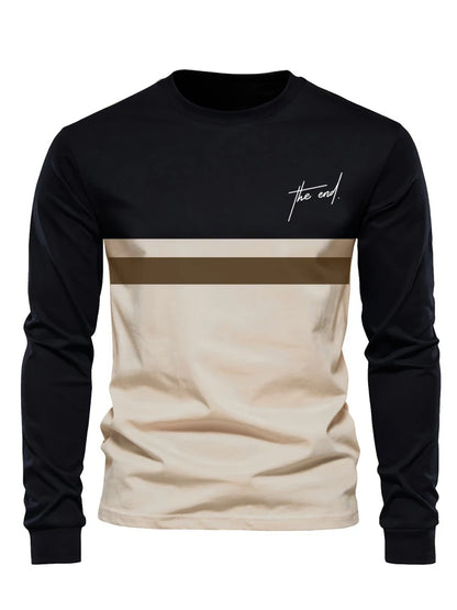 Men's Beige & Black Colour-Block Long-Sleeve T-Shirt