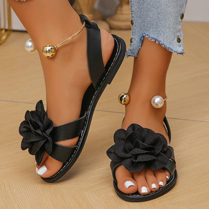 Footmaxldn Floral Pearl Flat Sandals – Women's Slip-On Summer Shoes
