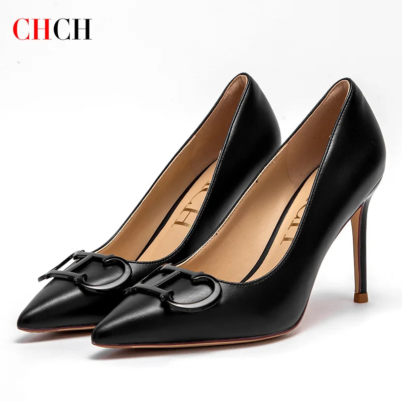 Footmax Women's High Heel Party Shoes - 9cm Pointed Metal Buckle Carnival Heels - footmaxldn