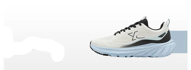White running shoe with black accents on a light blue background