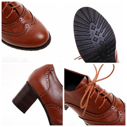 Footmax Women's Wood Heel Platform Brogue Pumps - 5.5cm Carved Retro Lace-Up Shoes - footmaxldn