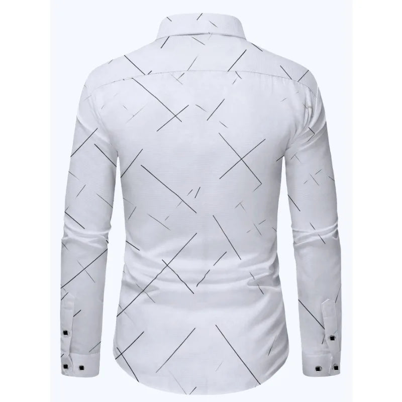 Footmax Men's White Business Shirt - Long Sleeve Elastic Printed Casual Dress Shirt - footmaxldn