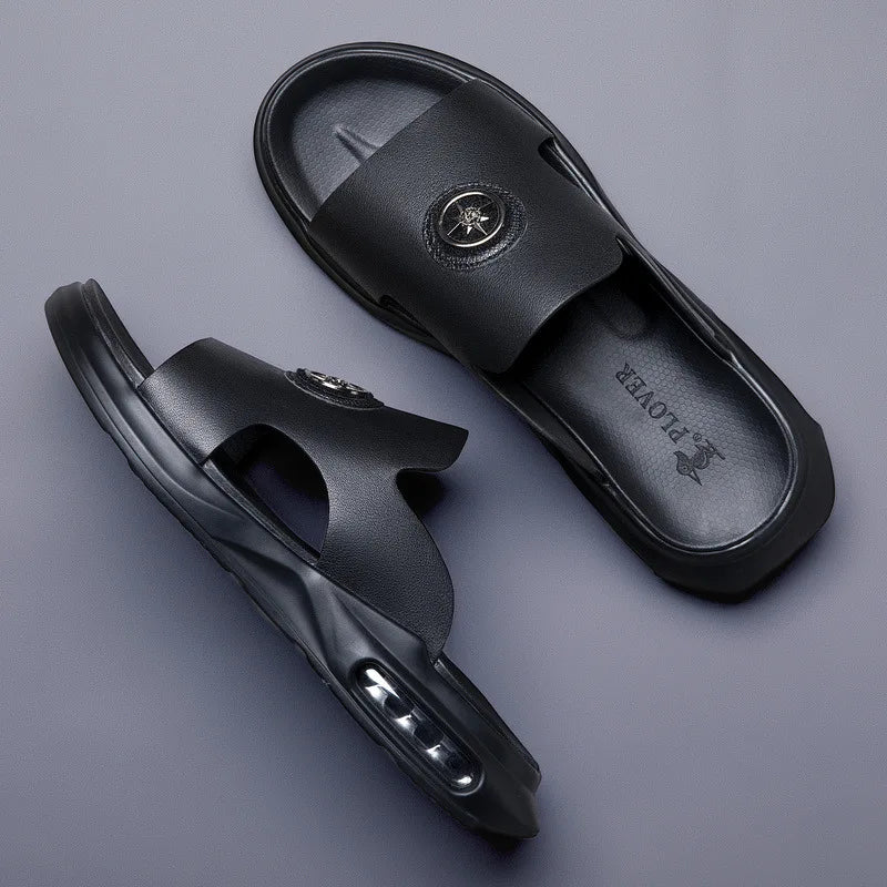 Footmax Men's Genuine Leather Roman Sandals - Luxury Comfort Slippers - footmaxldn