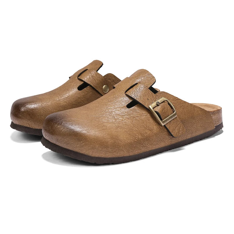 Comfort Cork Leather Slippers for Unisex Men Women Slip on Half Shoes Sandals Closed Toe Backless Health Footbed Slides Fashion - footmaxldn