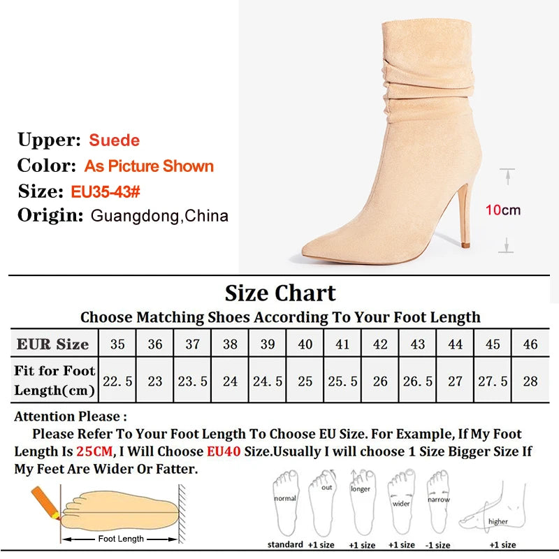 Footmaxldn Pleated Faux Suede Ankle Boots – Pointed Toe Stiletto Heel with Side Zip