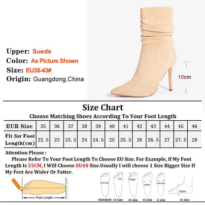 Footmaxldn Pleated Faux Suede Ankle Boots – Pointed Toe Stiletto Heel with Side Zip