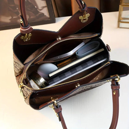 Vintage Flower Pattern Handbag, Luxury PU Leather Tote Bag, Fashion Crossbody Bag For Women - footmaxldn