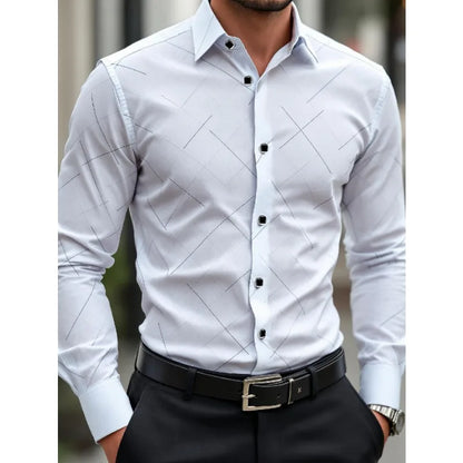 Footmax Men's White Business Shirt - Long Sleeve Elastic Printed Casual Dress Shirt - footmaxldn