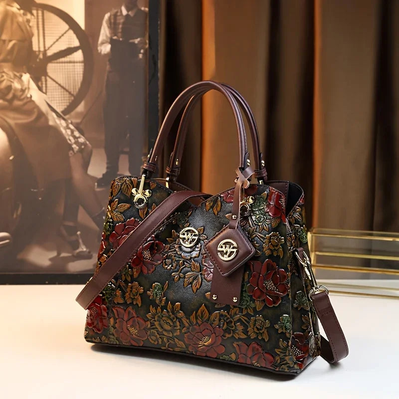 Vintage Flower Pattern Handbag, Luxury PU Leather Tote Bag, Fashion Crossbody Bag For Women - footmaxldn