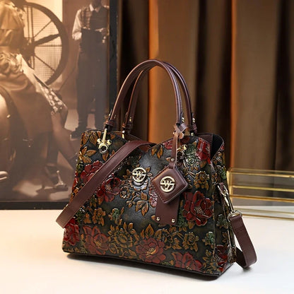 Vintage Flower Pattern Handbag, Luxury PU Leather Tote Bag, Fashion Crossbody Bag For Women - footmaxldn