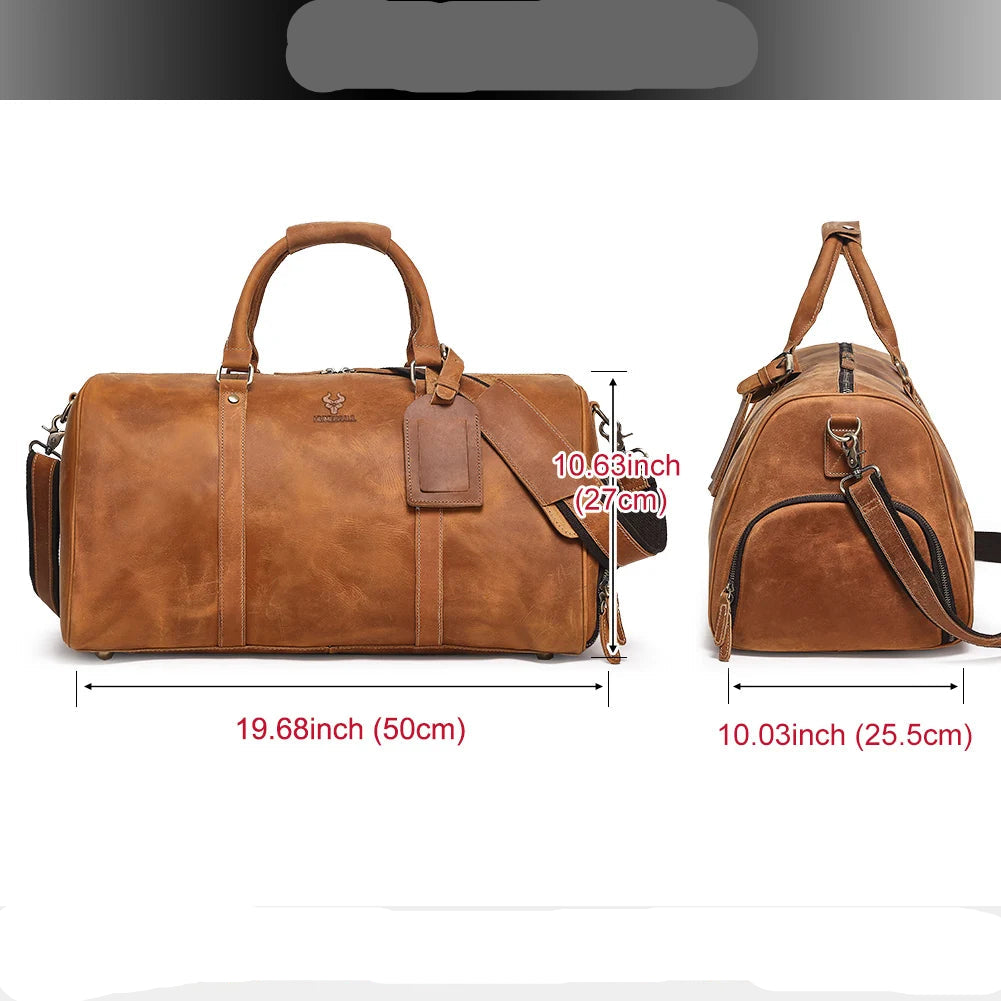 Footmax Men's Crazy Horse Leather Duffle Bag - Large Travel Luggage 15" Laptop - footmaxldn