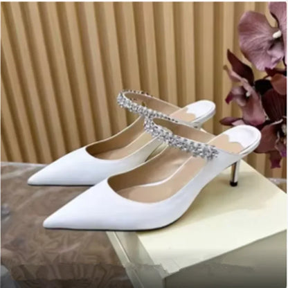 Footmaxldn Rhinestone Chain Stiletto Mules – Patent Leather High Heel Sandals for Women