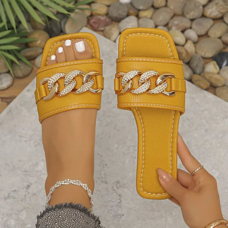 Footmaxldn Women's Metal-Accent Slip-On Sandals | Open Toe Flat Mules